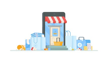 Shopping and ordering from the pharmacy to the hospital. Vector illustration of entering a store with pills and medicine. Online shopping on the Internet.