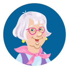 Avatar icon of a cute elderly woman in glasses. In cartoon style. Isolated on white background. Vector flat illustration.