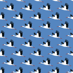 Stork on a background of blue sky. Seamless pattern for textile, fabric, print for clothing or for paper. Stock vector illustration.