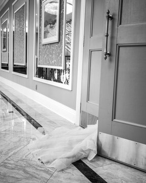 Wedding Gown Dress Dragging On The Floor, Caught In A Door