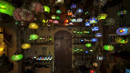 Traditional bright decorative hanging eastern lights and colorful mosaic lamps with vivid colors.Chandeliers globes lanterns art lighting turkish lattern dream dense shining brilliant sparkling 4K awe - Powered by Adobe