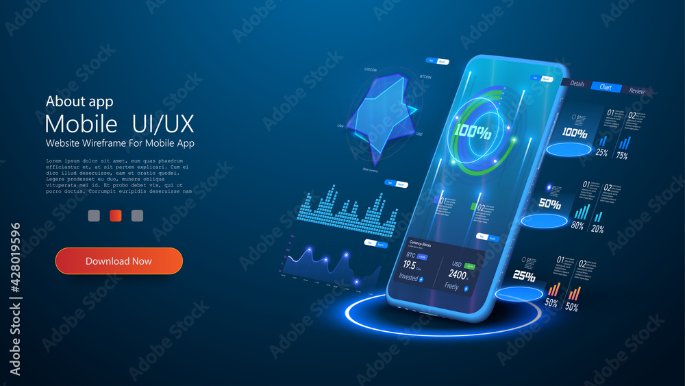 Aufkleber Application of smartphone with business graph and analytics data. Adaptive UI, UX, KIT. Futuristic phone controls stock market forex trading graph. Network financial investment economic trends. Vector