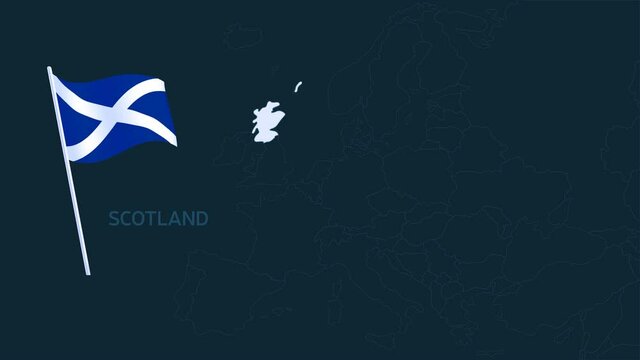 scotland country blinking white highlighted in map of Europe animation. National flag and europe outline map on dark alpha matte channel 4k motion video.
