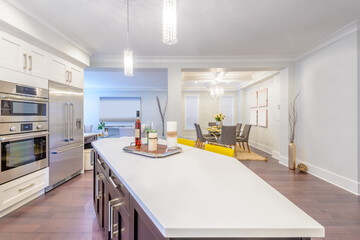 Modern, bright, clean, kitchen interior with stainless steel appliances in a luxury house