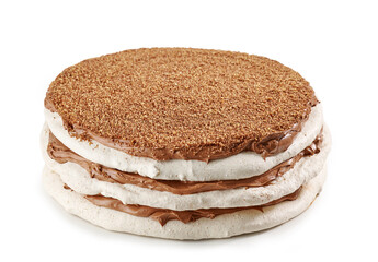 homemade meringue and nut cake with chocolate cream