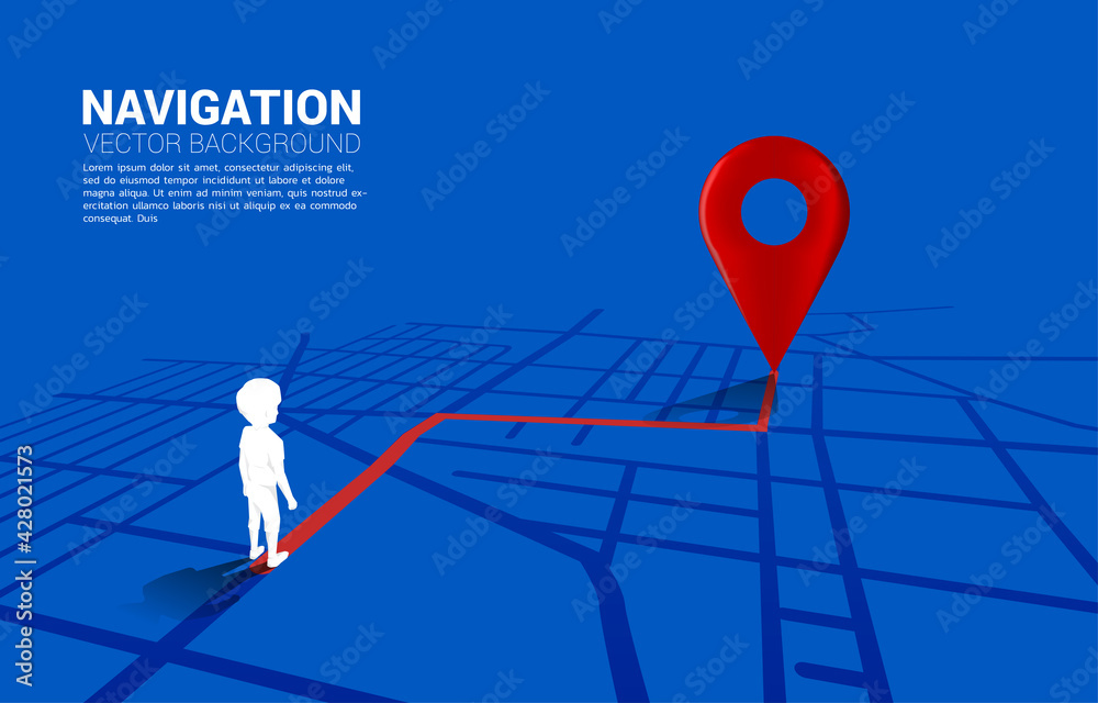 Aufkleber route between 3d location pin markers and boy on city road map. concept for gps navigation system in