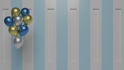 Boys birthday, blue, silver and gold party balloons. Baby shower, party background.