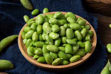 raw green soybean in plate on wooden background. fresh beans.