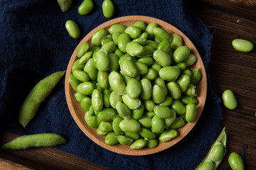 raw green soybean in plate on wooden background. fresh beans.