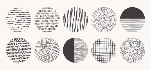 Set of circle hand drawn patterns. Vector textures made with ink, pencil, brush. Geometric doodle shapes of spots, dots, circles, strokes, stripes, lines. Template for social media, posters, prints.