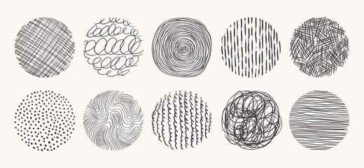 Geometric doodle shapes of spots, dots, circles, strokes, stripes, lines. Set of circle hand drawn patterns. Vector textures made with ink, pencil, brush. Template for social media, posters, prints.