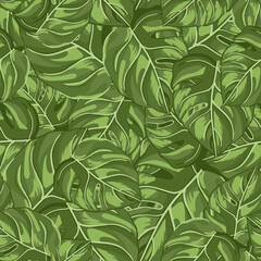 Tropical seamless pattern random on green background. Abstract texture decoration with leaf monstera real green color.