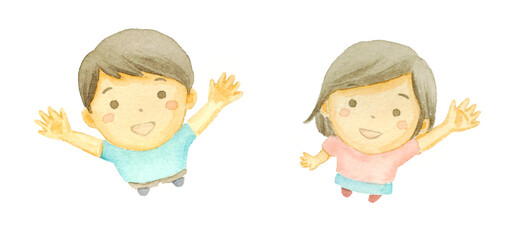 見上げる子どもの水彩イラスト