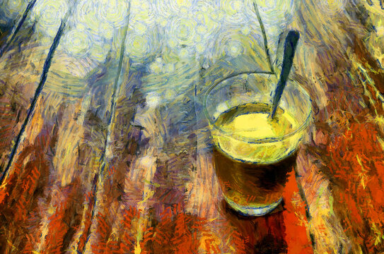 Traditional Thai morning coffee shop Illustrations creates an impressionist style of painting.