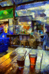 Traditional Thai morning coffee shop Illustrations creates an impressionist style of painting.