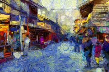 Fototapeta na wymiar Landscape of an ancient trading village in Thailand Illustrations creates an impressionist style of painting.