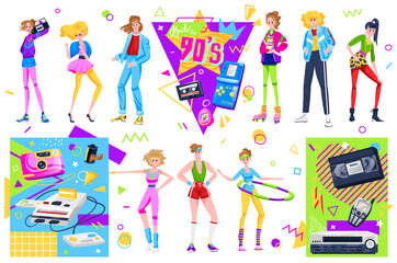 Retro disco people vector illustration set, cartoon flat woman man dancer characters dancing in fashion clothes and hairstyles in 90s