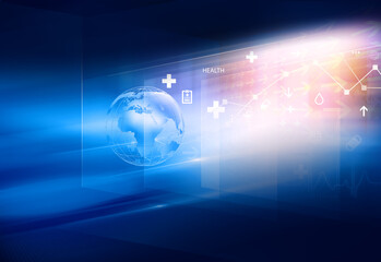 3d rendering of earth globe with multiple health symbols inside a bluish backdrop