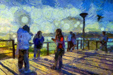 Obraz na płótnie Canvas Landscape of the Mekong River in Thailand Illustrations creates an impressionist style of painting.