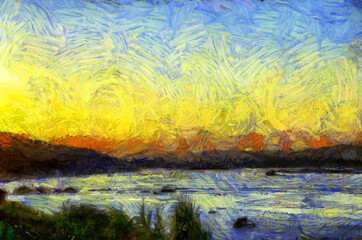 Fototapeta na wymiar Landscape of the Mekong River in the time of Twilight Illustrations creates an impressionist style of painting.