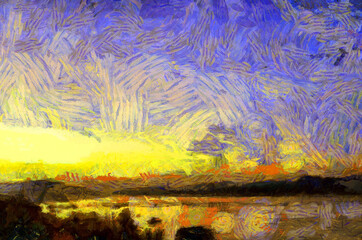 Landscape of the Mekong River in the time of Twilight Illustrations creates an impressionist style of painting.