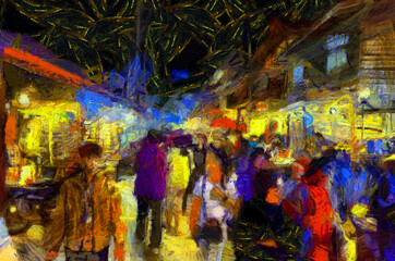 Fototapeta na wymiar Landscape of the market at night, community market along the Mekong River Illustrations creates an impressionist style of painting.