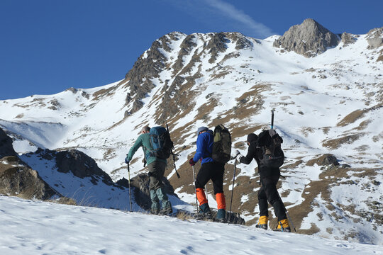 Mountaineers climbing Mount Korab at Mavrovo National Park in Macedonia. Mount Korab on Macedonia-Albania border and highest mountain of both countries.