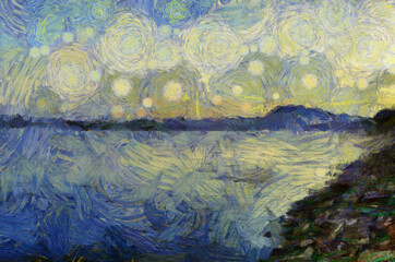 Landscape of the Mekong River in Thailand Illustrations creates an impressionist style of painting.