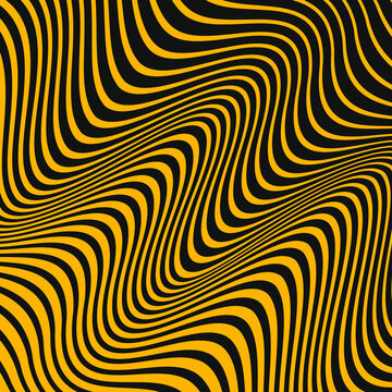Abstract zebra pattern with yellow curved lines. Optical art. Digital image with psychedelic stripes. Vector illustration. Ideal for prints, abstract background, posters, tattoo and web design