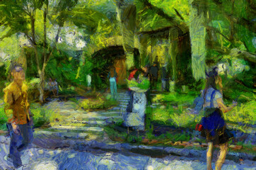 Obraz na płótnie Canvas Park landscape Illustrations creates an impressionist style of painting.
