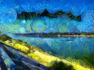 Landscape of the Mekong River in Thailand Illustrations creates an impressionist style of painting.