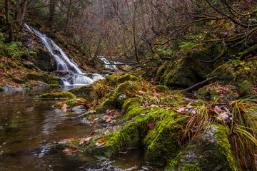 Obraz premium 晩秋の旭川市オロエン川の滝の風景