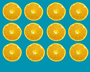 Oranges cut in halves on blue background, set of oranges flat lay