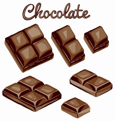 Realistic illustration, set of broken chocolate bars on white background. High quality illustration