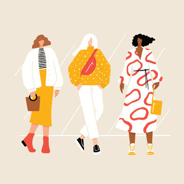 Group of diverse young modern women wearing trendy clothes. Casual stylish city street fashion outfits. Woman power concept. Hand drawn characters colorful vector illustration.