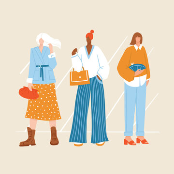 Group of diverse young modern women wearing trendy clothes. Casual stylish city street fashion outfits. Girl power concept. Hand drawn characters colorful vector illustration.