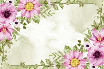 watercolor floral frame background with pink flowers and greenery leaf watercolor