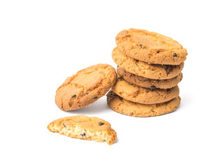 Several cookies with chocolate pieces isolated on a white background.