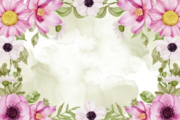 watercolor floral frame background with pink flowers and greenery leaf watercolor