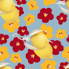 Obraz na płótnie Canvas Fruit seamless pattern, pastel lemons and flowers on blue