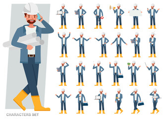Set of Engineer man wear blue jacket working character vector design. Presentation in various action with emotions, running, standing and walking.