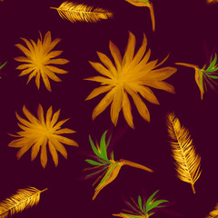 Beige Seamless Hibiscus. Indigo Pattern Palm. Yellow Tropical Foliage. Cobalt Floral Palm. Autumn Flower Plant. Violet Decoration Palm. Flora Design.