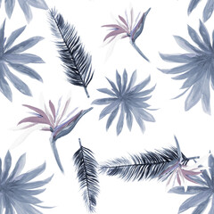 Fototapeta na wymiar White Pattern Leaves. Gray Tropical Illustration. Cobalt Seamless Design. Blue Flower Nature. Indigo Floral Leaf. Flora Plant. Spring Botanical. Summer Foliage