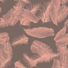 Black Tropical Nature. Gray Seamless Leaf. Coral Pattern Art. Pink Banana Leaves. Decoration Leaves. Drawing Textile. Isolated Palm. Watercolor Leaf.