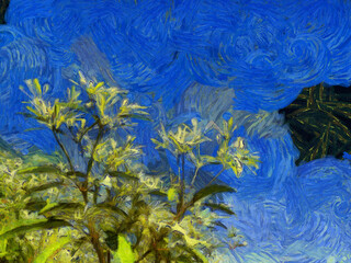 Plakat Tree leaves in the sky background Illustrations creates an impressionist style of painting.