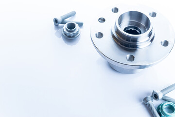 Vehicle parts. Auto motor mechanic spare or automotive piece on white background. Set of new metal car part. Technology of mechanical gear.