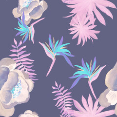 Gray Tropical Texture. Coral Seamless Textile. Violet Pattern Plant. Blue Flower Hibiscus. Navy Drawing Leaves. Purple Spring Art. Decoration Painting.