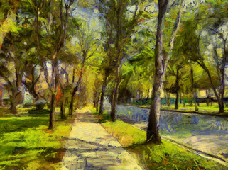 Park landscape Illustrations creates an impressionist style of painting.