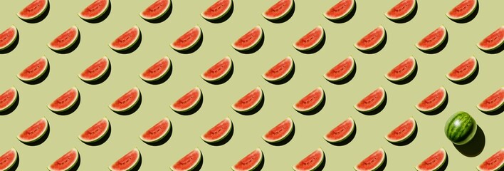 Fresh Watermelon cut piece on green background Pattern.