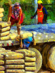 Workers carrying cement bags Illustrations creates an impressionist style of painting.